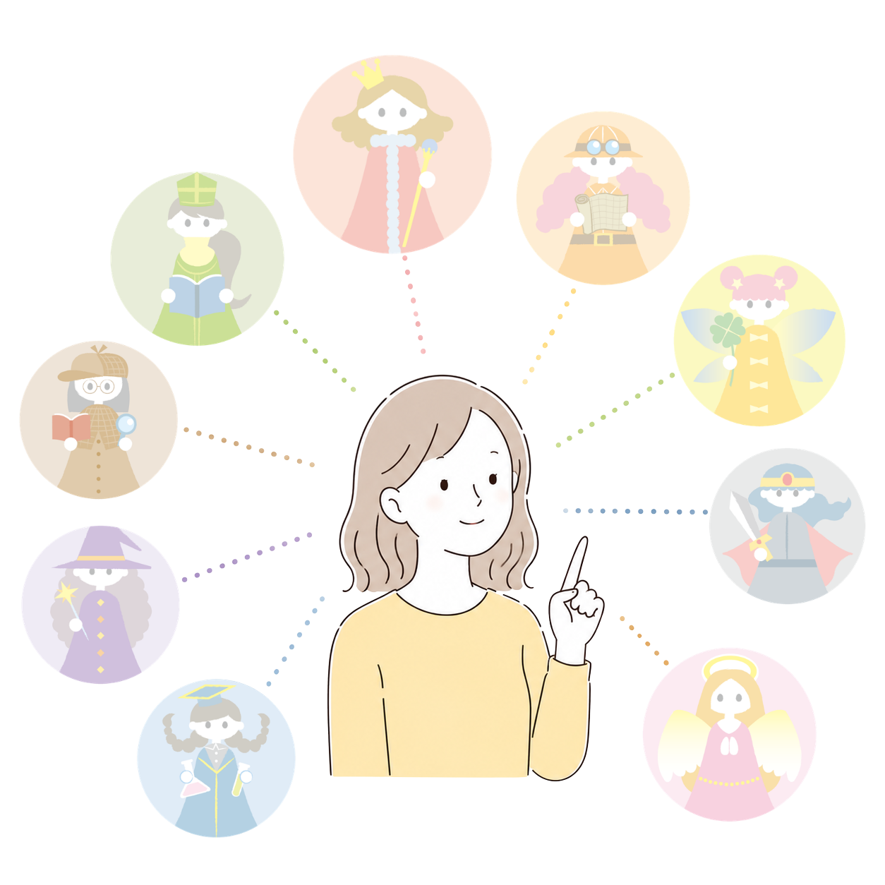 9人のキャラクターに囲まれて考える女性のイラスト